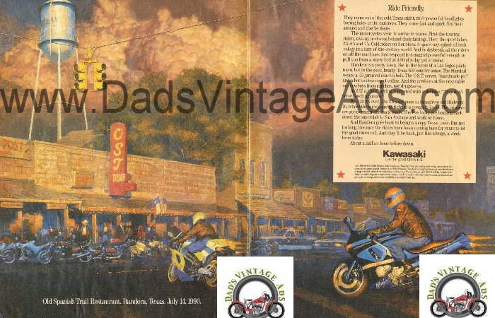 Vintage Kawasaki Magazing Ad, Old Spanish Trail Restaurant, Bandera Texas